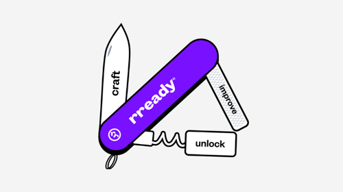 Illustration of a typical Swiss army knife with the rready logo on it. As well as different tooling with the words craft, improve and unlock written on it.