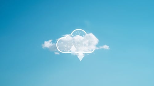 Virtual computing with natural white cloud sky on blue background, cloud technology. Blogpost about IoT and Cloud technology.