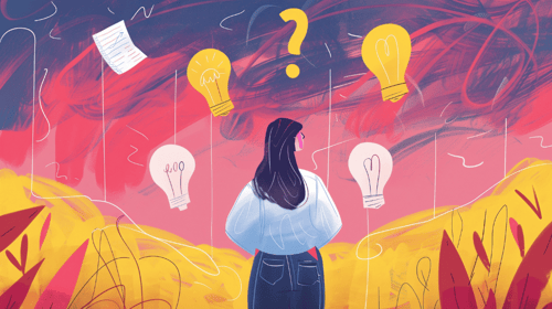 Abstract illustration featuring a female figure surrounded by light bulbs and question marks, signifying the process of and idea generation.