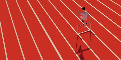 Athletic hurdle 3d render illustration, blogpost about overcoming innovation barriers.